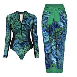 womens long sleeve one piece swimsuit with wrap skirt vintage print surfing bathing suit