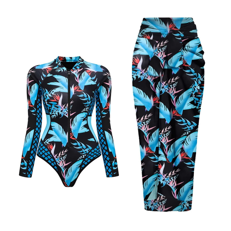 Womens Long Sleeve One Piece Swimsuit With Wrap Skirt Vintage Print Surfing Bathing Suit 4
