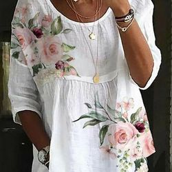 womens loose fit printed round neck casual shirt for holiday and weekend wear