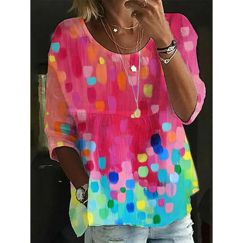 Womens Loose Fit Printed Round Neck Casual Shirt For Holiday And Weekend Wear 2