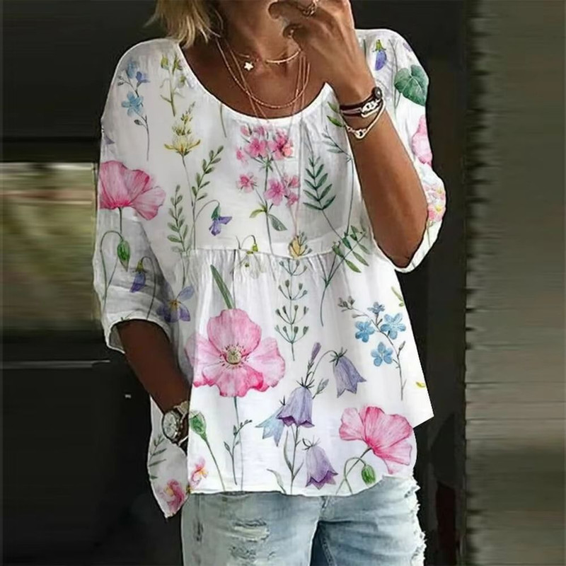 Womens Loose Fit Printed Round Neck Casual Shirt For Holiday And Weekend Wear 4