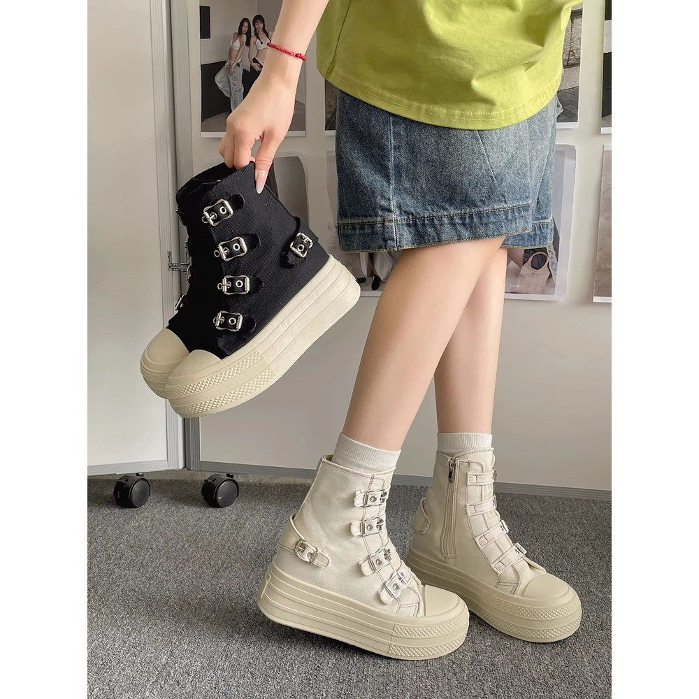 CHABELLA Womens High Top Canvas Sneakers With Buckle Strap Side Zip Street Style Comfort Shoes 4
