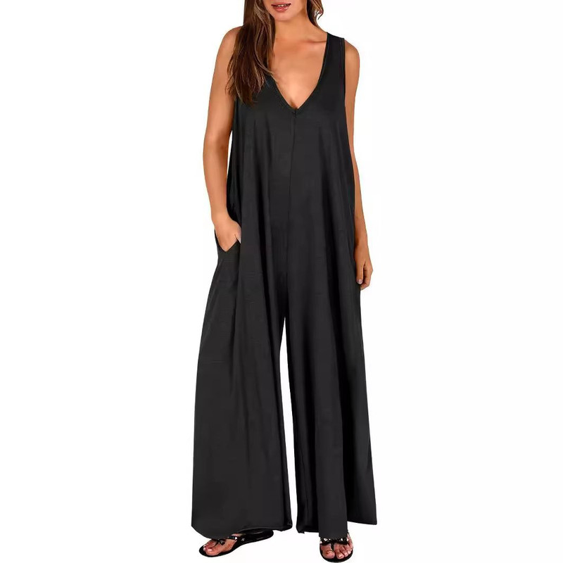 Summer V Neck Wide Leg Jumpsuit Loose Backless Sleeveless Overalls With Pockets 0