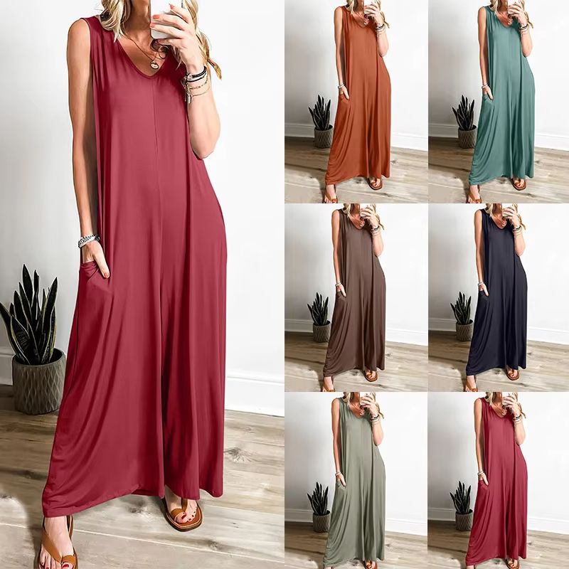 Summer V Neck Wide Leg Jumpsuit Loose Backless Sleeveless Overalls With Pockets 1
