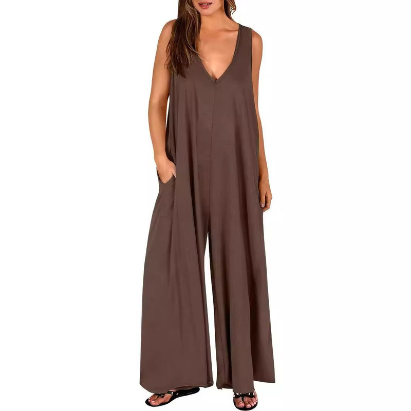 Summer V Neck Wide Leg Jumpsuit Loose Backless Sleeveless Overalls With Pockets 4