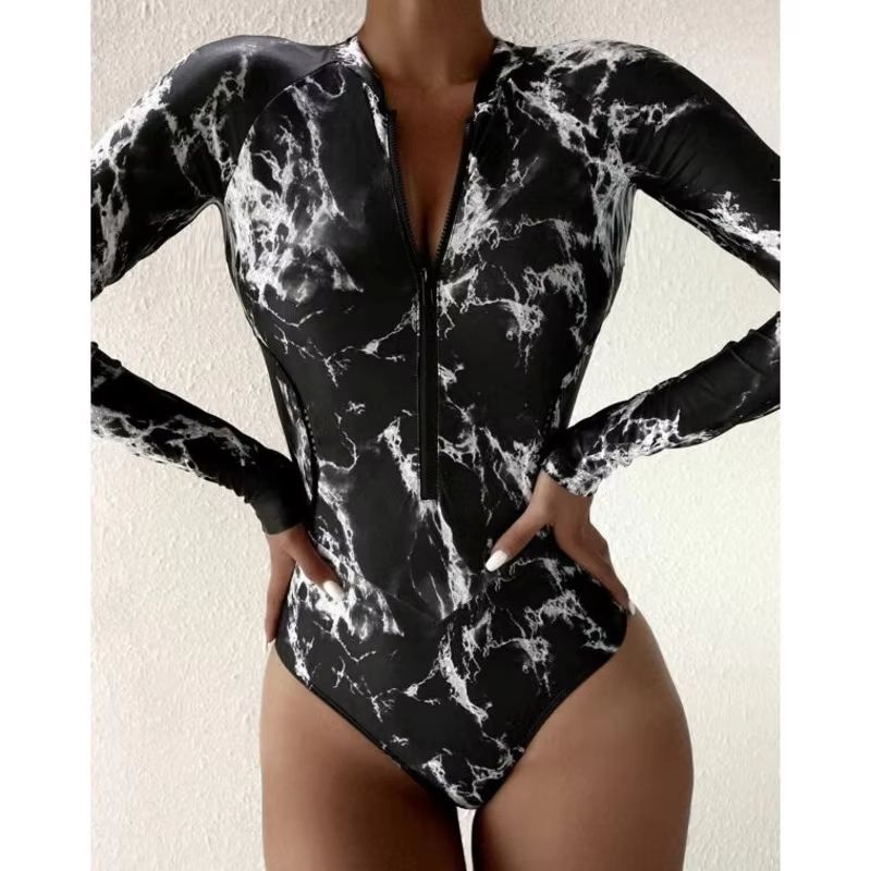 Womens Long Sleeve Zipper OnePiece Swimsuit Summer Print Surf Swimwear For Beach And Water Sports 0