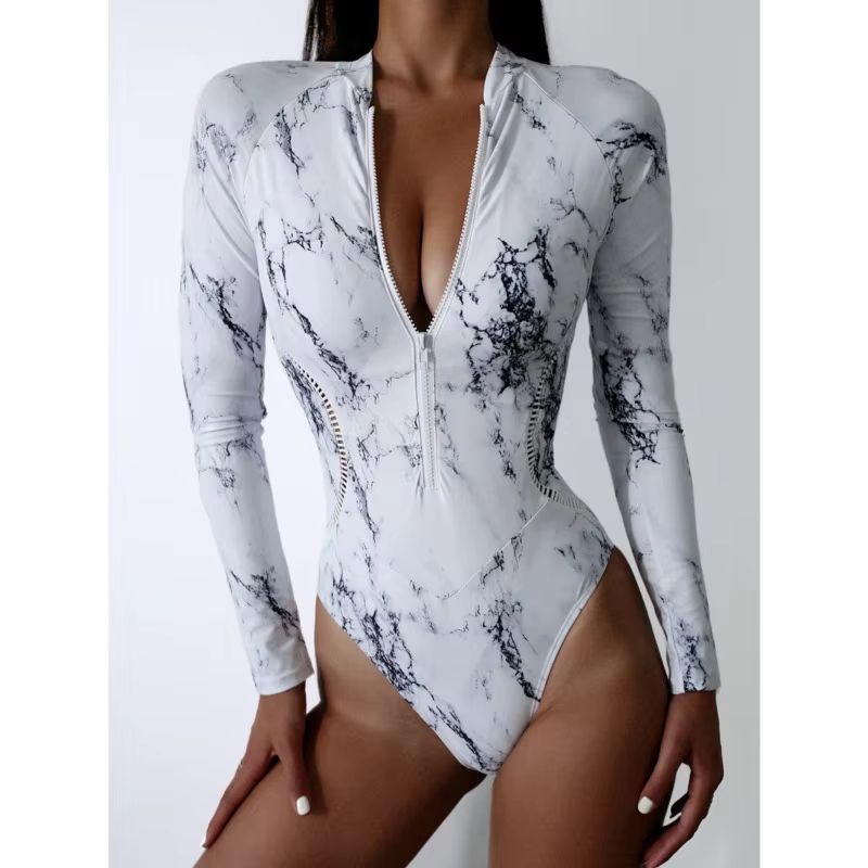 Womens Long Sleeve Zipper OnePiece Swimsuit Summer Print Surf Swimwear For Beach And Water Sports 1