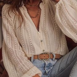 ayualin vintage hollow out lace blouse – elegant long sleeve boho beach top for women