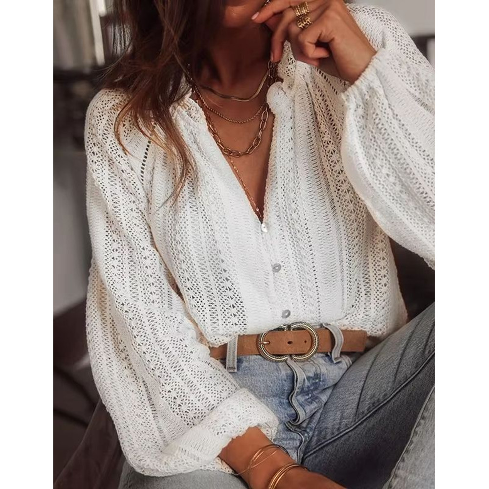 AYUALIN Vintage Hollow Out Lace Blouse Elegant Long Sleeve Boho Beach Top For Women 7