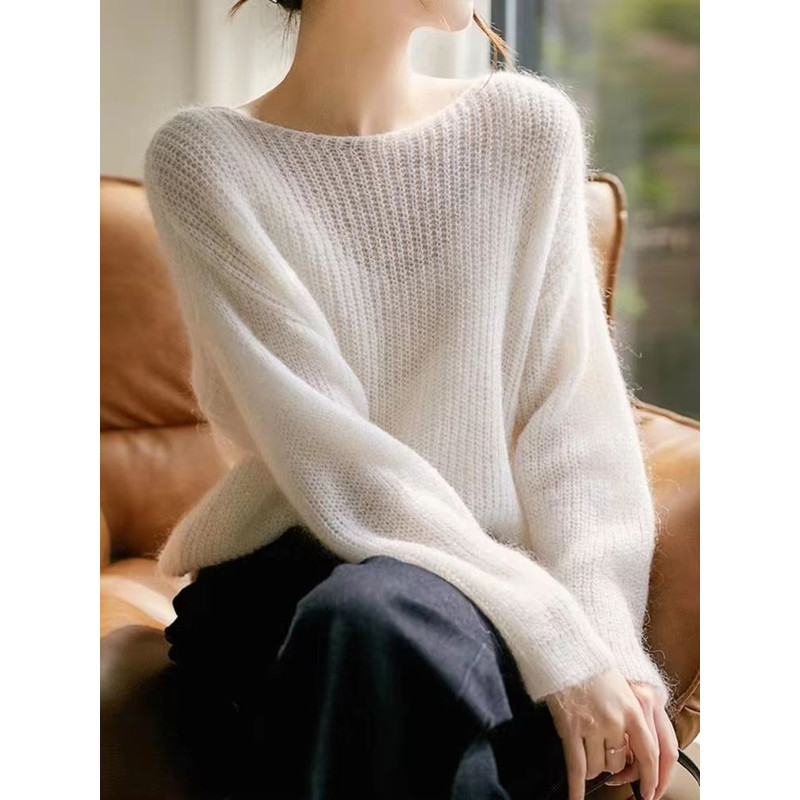 Elegant SeeThrough Loose Knit Sweater Soft Warm Autumn Winter Cashmere Pullover For Women 0