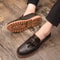 Mens Slip On Leather Loafers Retro Casual Shoes Thick Sole Round Toe Handmade Fringe Design 0