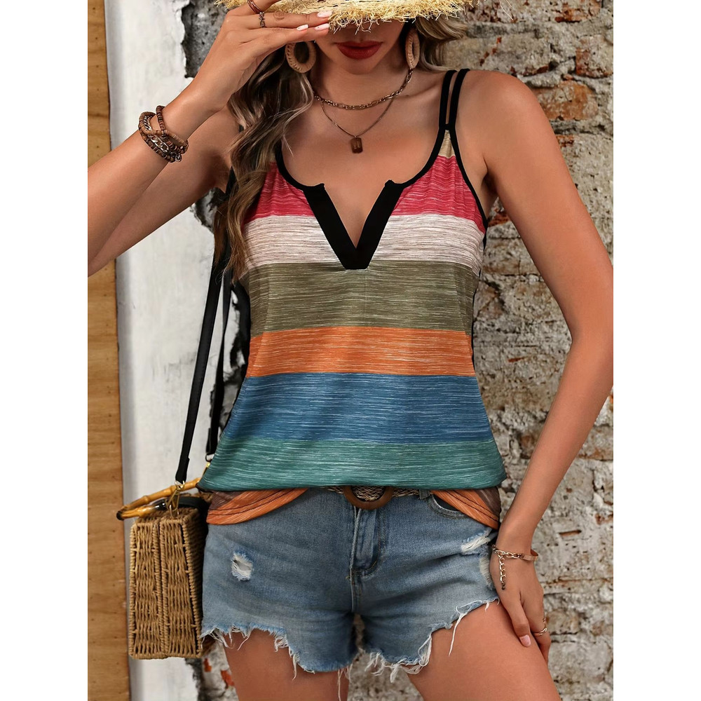 Summer Color Block Striped VNeck Tank Top Casual Chic Sleeveless Vest For Women 2