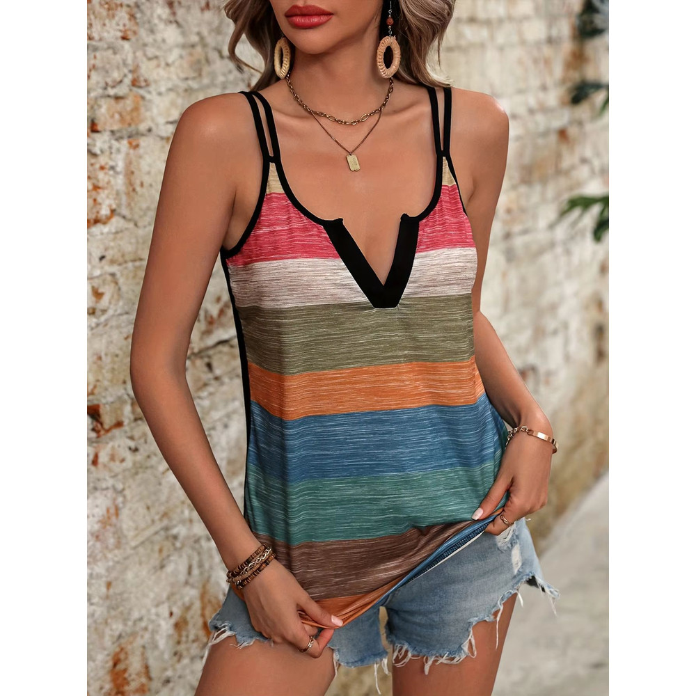 Summer Color Block Striped VNeck Tank Top Casual Chic Sleeveless Vest For Women 3