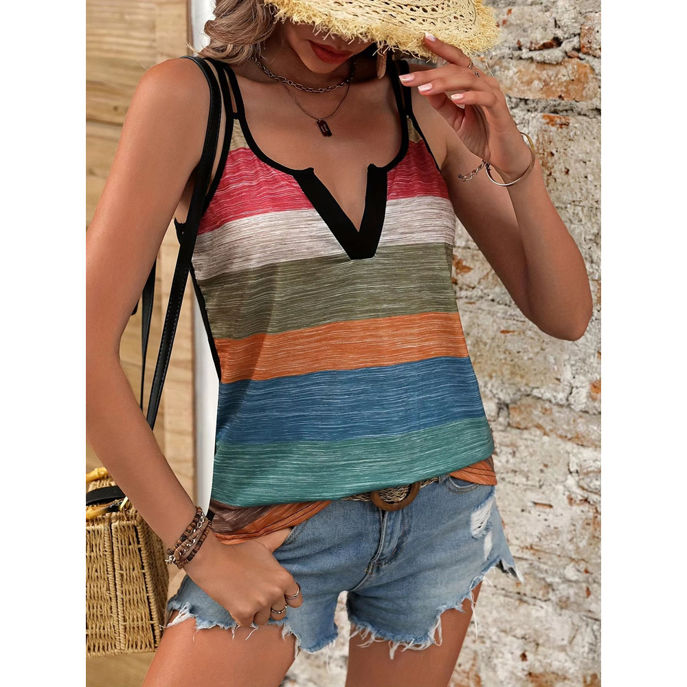 Summer Color Block Striped VNeck Tank Top Casual Chic Sleeveless Vest For Women 5