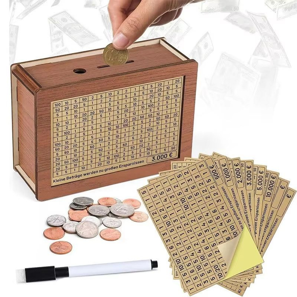 Wooden Money Saving Box Reusable Piggy Bank With Numbered Savings Goals 100010000 Euro Design 12