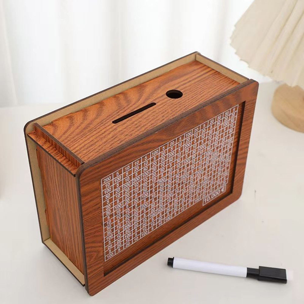 Wooden Money Saving Box Reusable Piggy Bank With Numbered Savings Goals 100010000 Euro Design 1