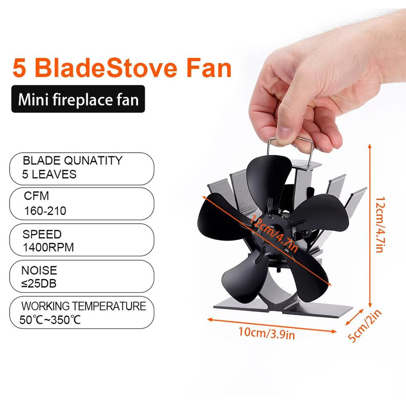 Mini 5Blade Heat Powered Stove Fan  EcoFriendly Fireplace Fan For Wood Burners Silent Operation  Ef 2