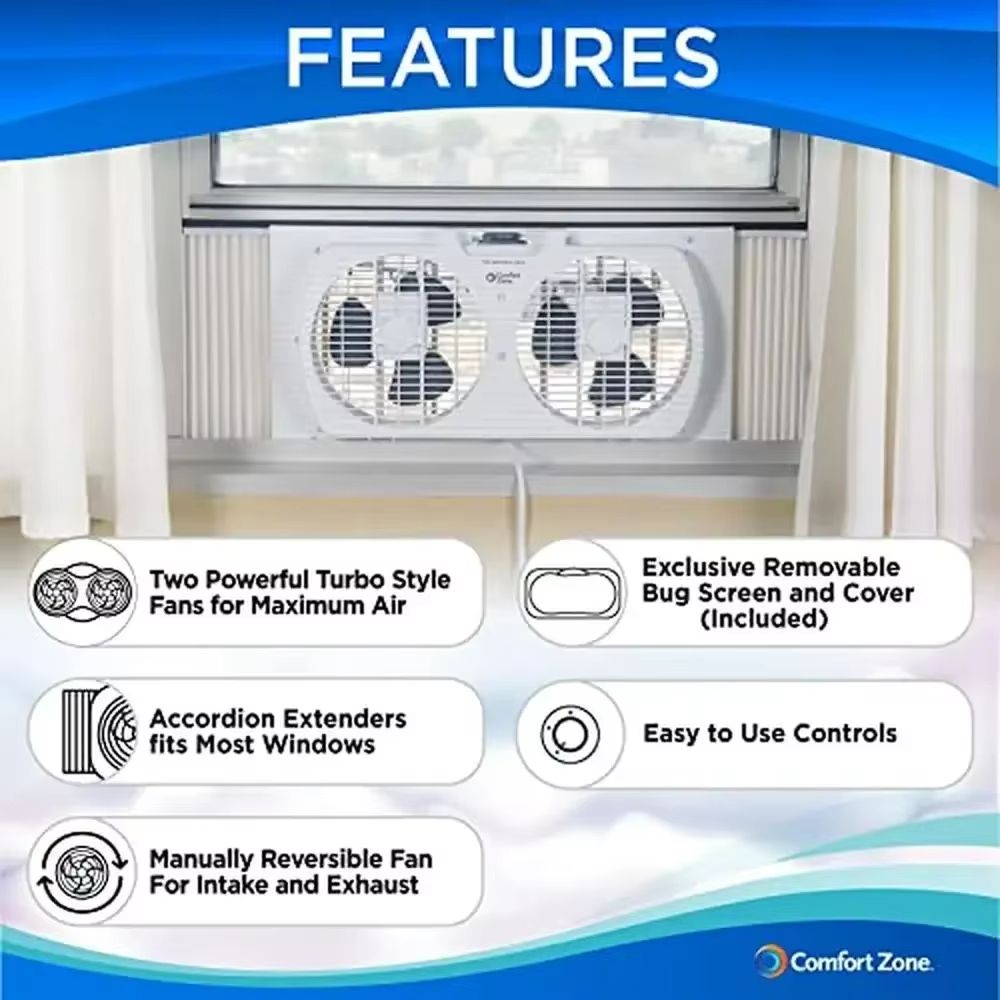 Twin Window Fan With Reversible Airflow Dual Blade Expandable Panels 2Speed Cooling 1