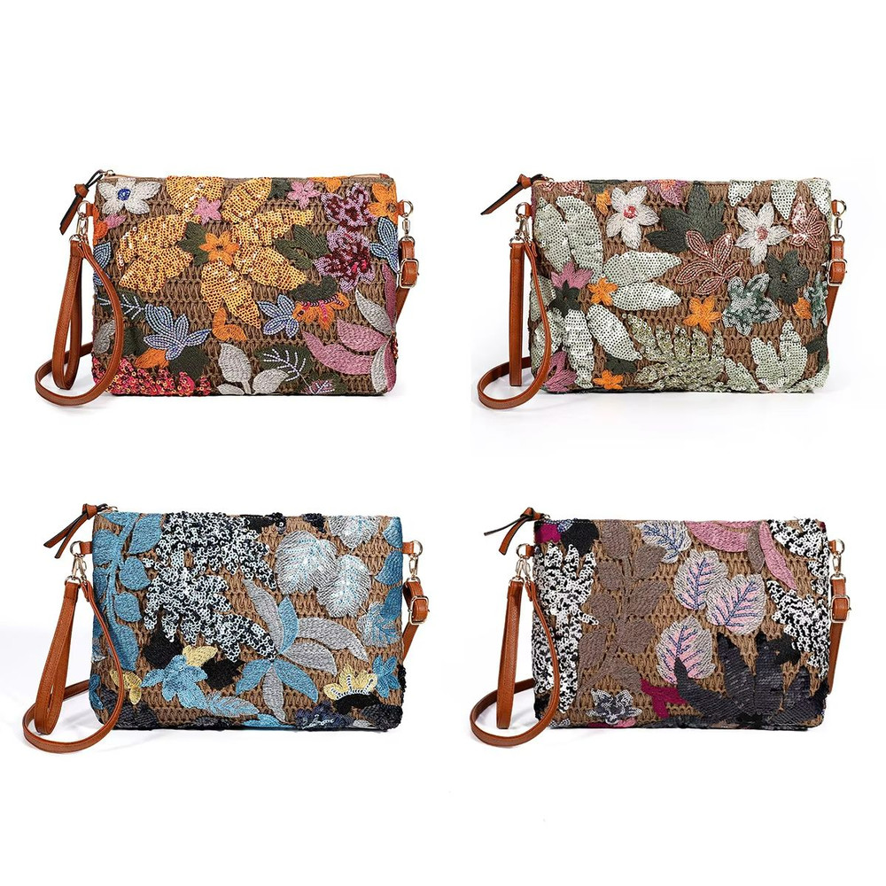 Womens Sequin Embroidered Clutch  Flower Straw Crossbody Bag For Summer Parties  Vacations 5