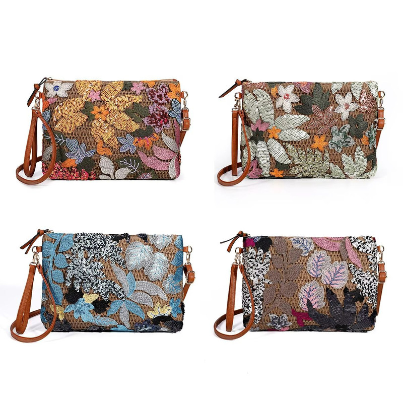 Womens Sequin Embroidered Clutch  Flower Straw Crossbody Bag For Summer Parties  Vacations 5