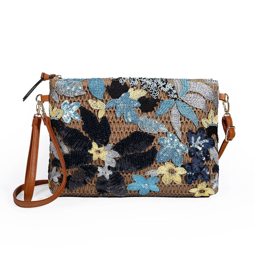 Womens Sequin Embroidered Clutch  Flower Straw Crossbody Bag For Summer Parties  Vacations 6