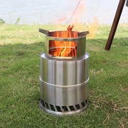 portable stainless steel wood & charcoal burner – compact camping stove with ventilated design for outdoor cooking