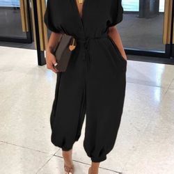 womens summer v-neck jumpsuit – short sleeve lace-up playsuit with pockets, leopard print & casual loose fit