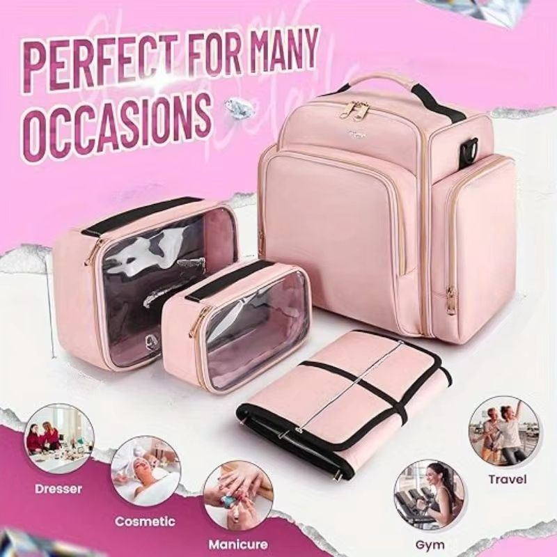Large Travel Makeup Bag Organizer With Removable Cosmetic Cases Jewelry Roll 5