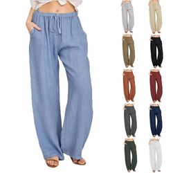 womens cotton linen wide leg pants – casual loose trousers with elastic waist & pockets