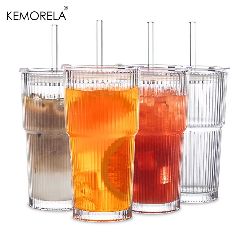 600ML Striped Glass Coffee Cup Transparent Drinking Mug With Optional Lid Straw For Juice Iced Co 10