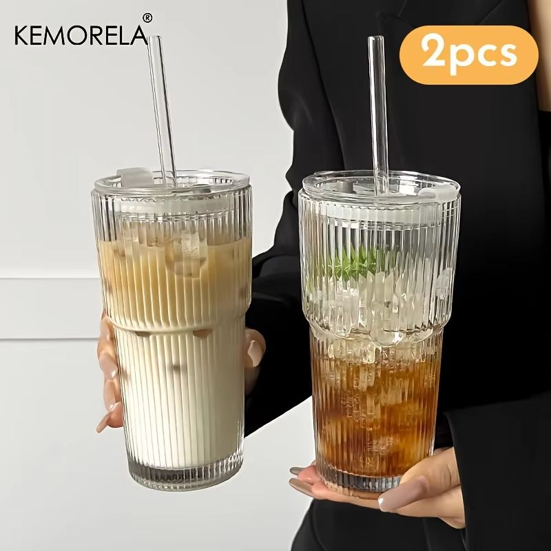 600ML Striped Glass Coffee Cup Transparent Drinking Mug With Optional Lid Straw For Juice Iced Co 9