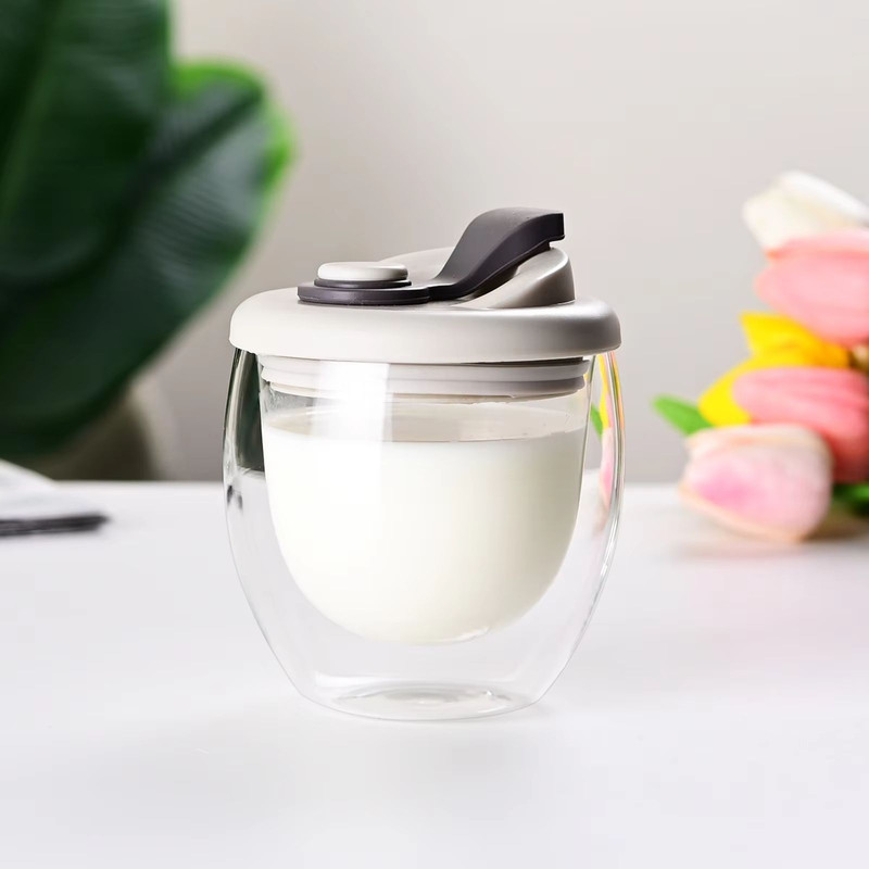 Insulated Glass Coffee Mug With Silicone Lid 15oz Double Wall Portable Cup 7