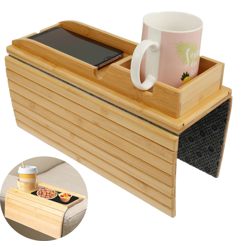 Bamboo Sofa Armrest Tray Foldable Couch Cup Holder With AntiSlip Design And Side Storage 2