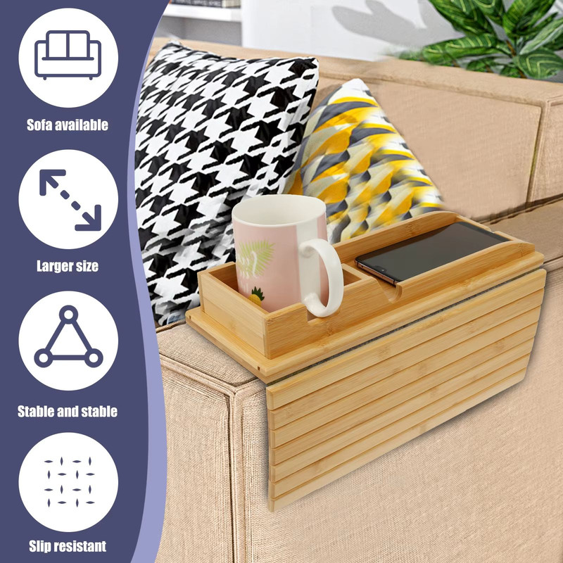 Bamboo Sofa Armrest Tray Foldable Couch Cup Holder With AntiSlip Design And Side Storage 3