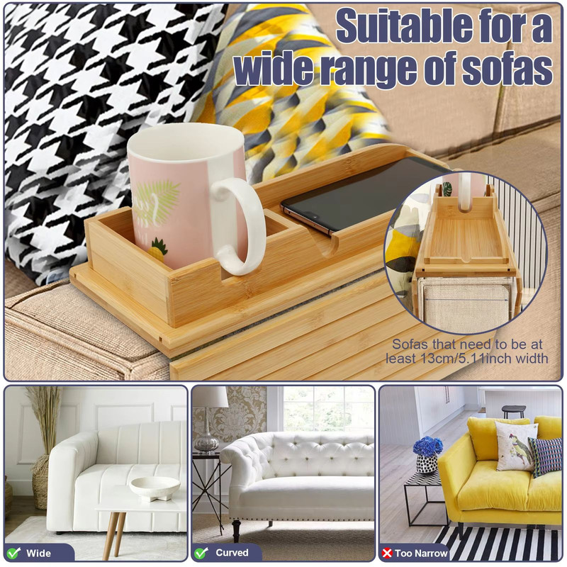 Bamboo Sofa Armrest Tray Foldable Couch Cup Holder With AntiSlip Design And Side Storage 4
