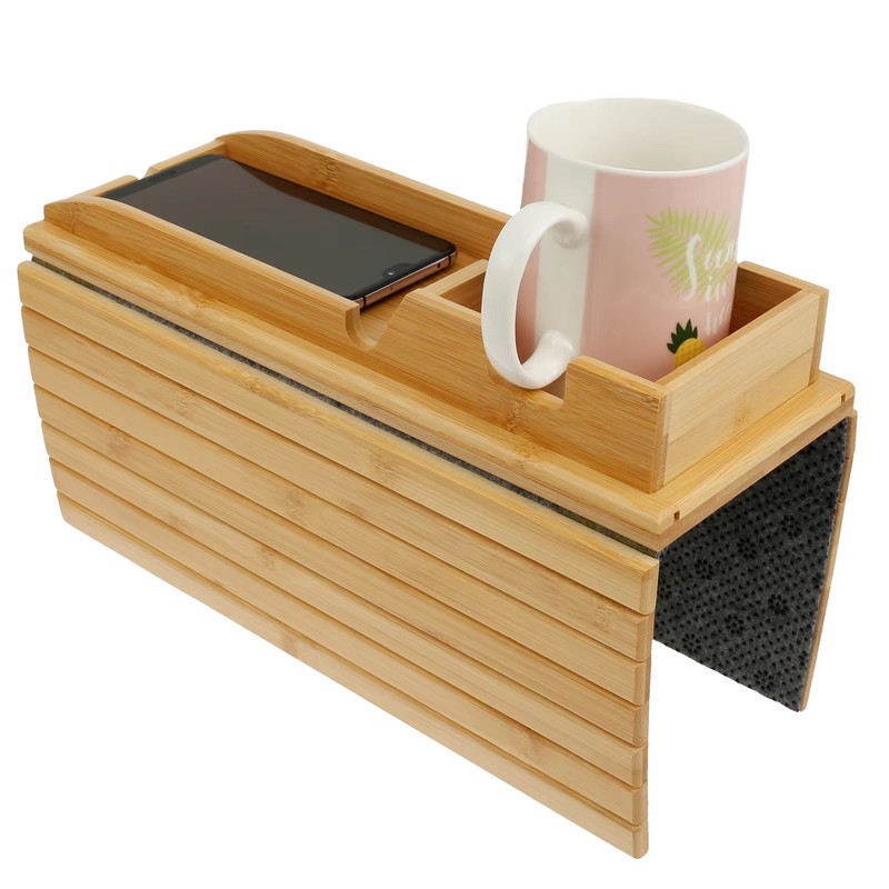 Bamboo Sofa Armrest Tray Foldable Couch Cup Holder With AntiSlip Design And Side Storage 7