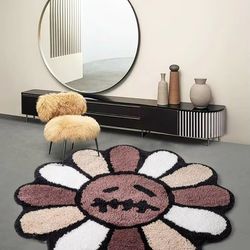 smiley face tufted rug – retro rainbow fluffy non-slip mat for bedroom, living room & bathroom