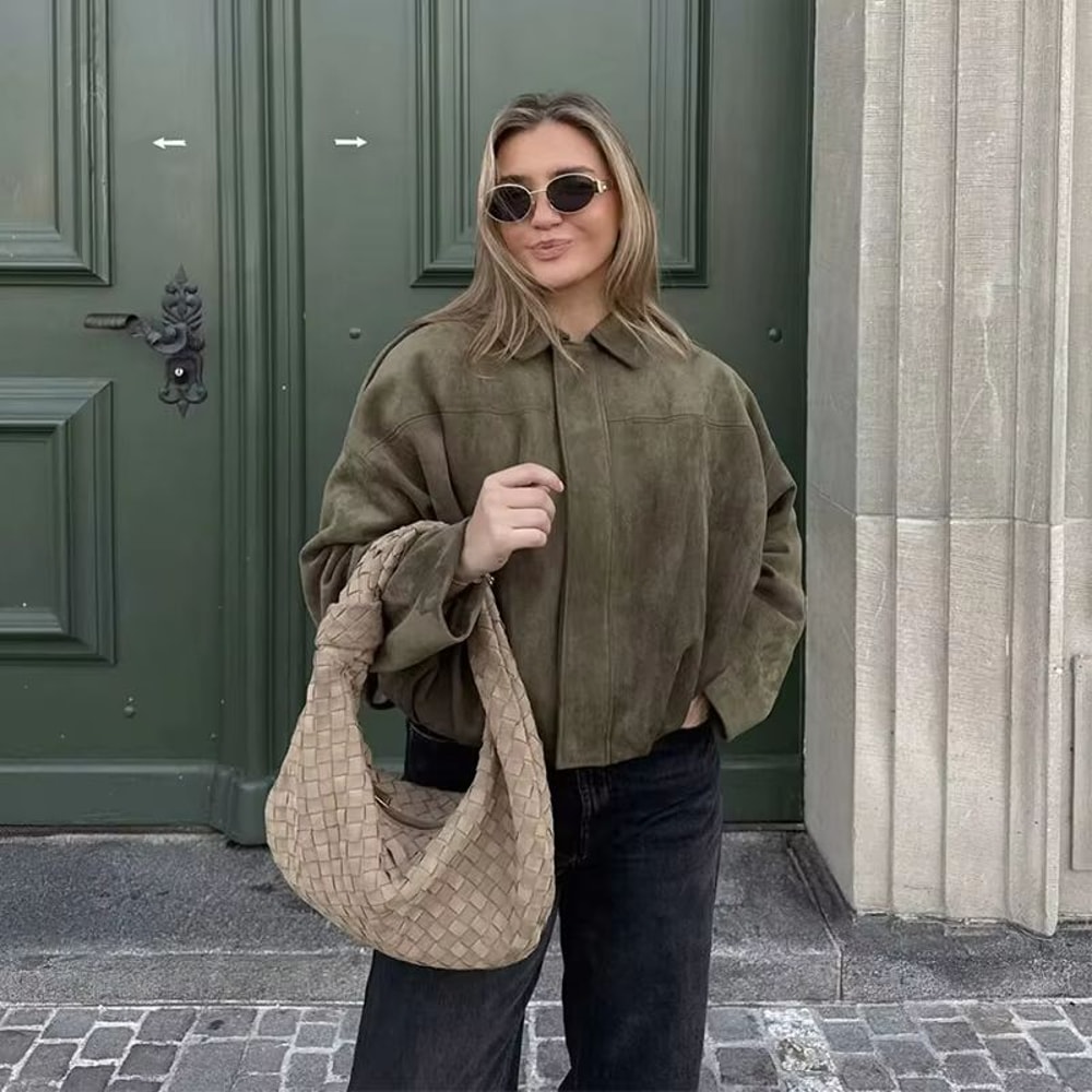 Womens Vintage Bomber Jacket Loose Fit TurnDown Collar Coat For Casual Chic Style 1