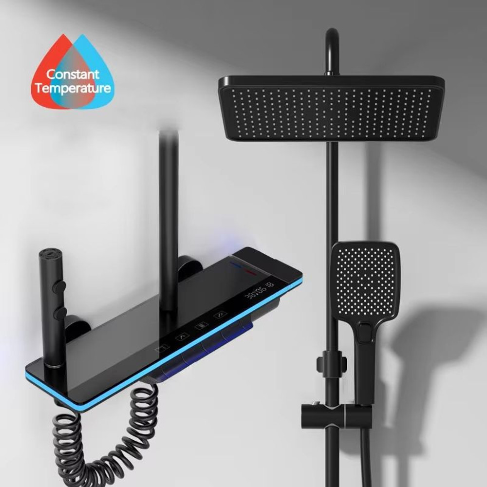 Luxury Smart Shower System With LED Lights And Digital Thermostat Full Set Glass Panel Faucet 9