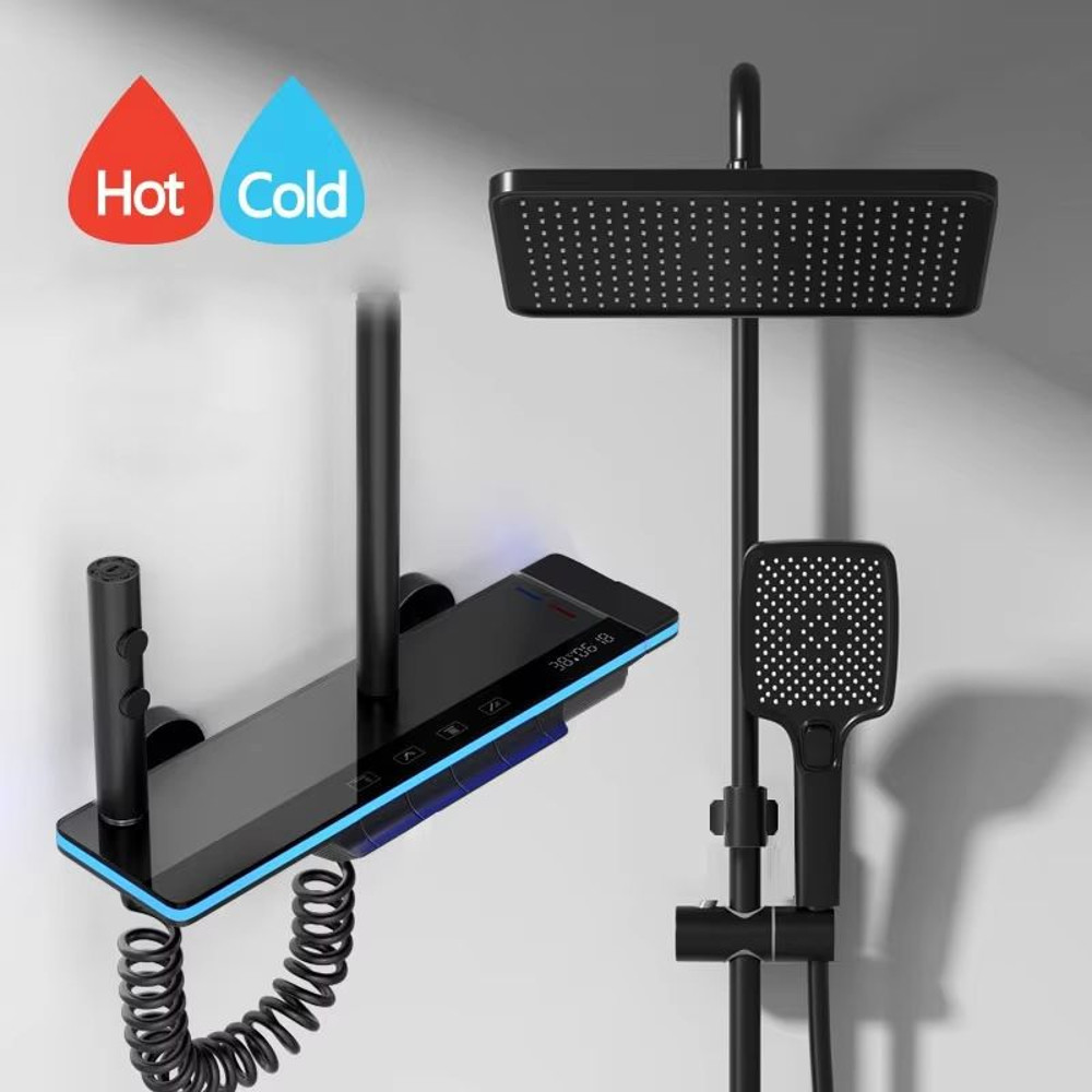 Luxury Smart Shower System With LED Lights And Digital Thermostat Full Set Glass Panel Faucet 6