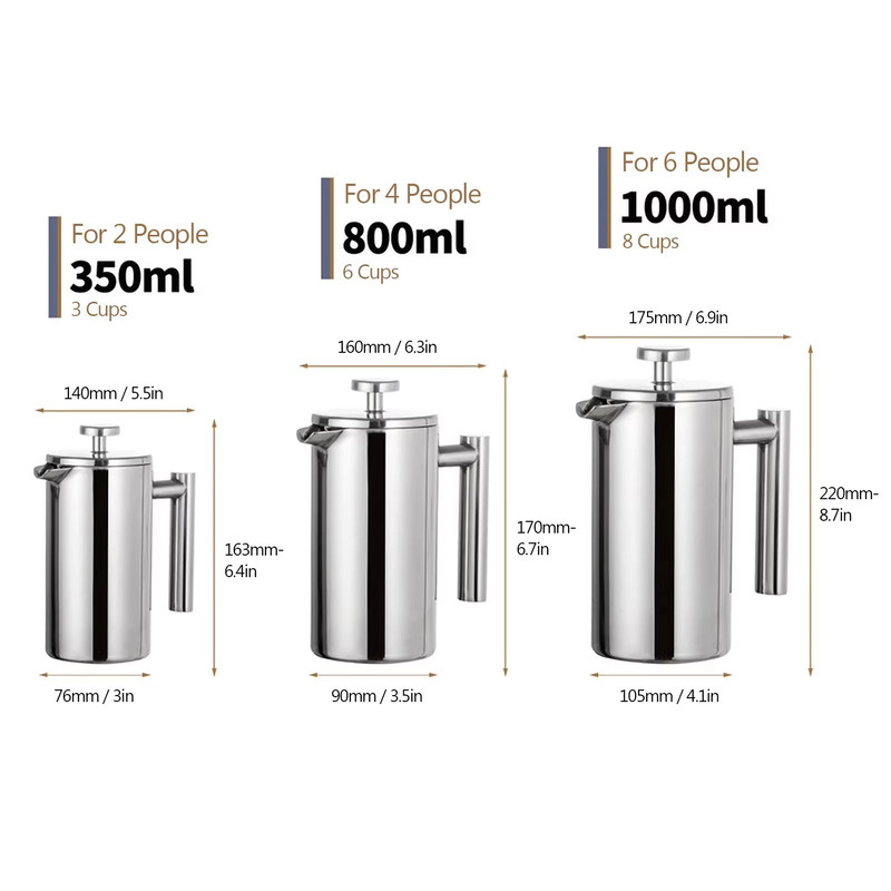 Stainless Steel French Press Coffee Maker Double Wall Insulated Coffee Pot 350ml 800ml 1000ml 4