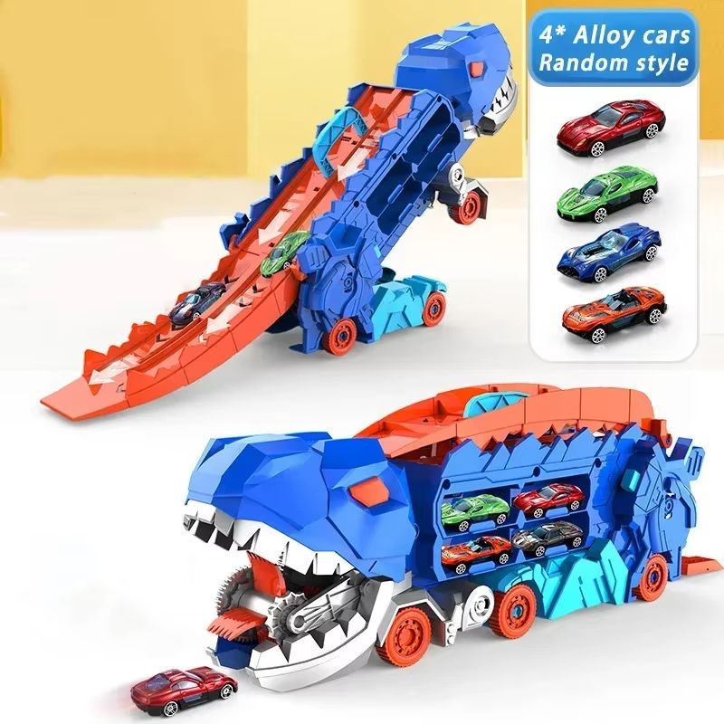 Foldable Dinosaur Truck With Race Track And Transforming TRex Toy Interactive Playset For Kids 6