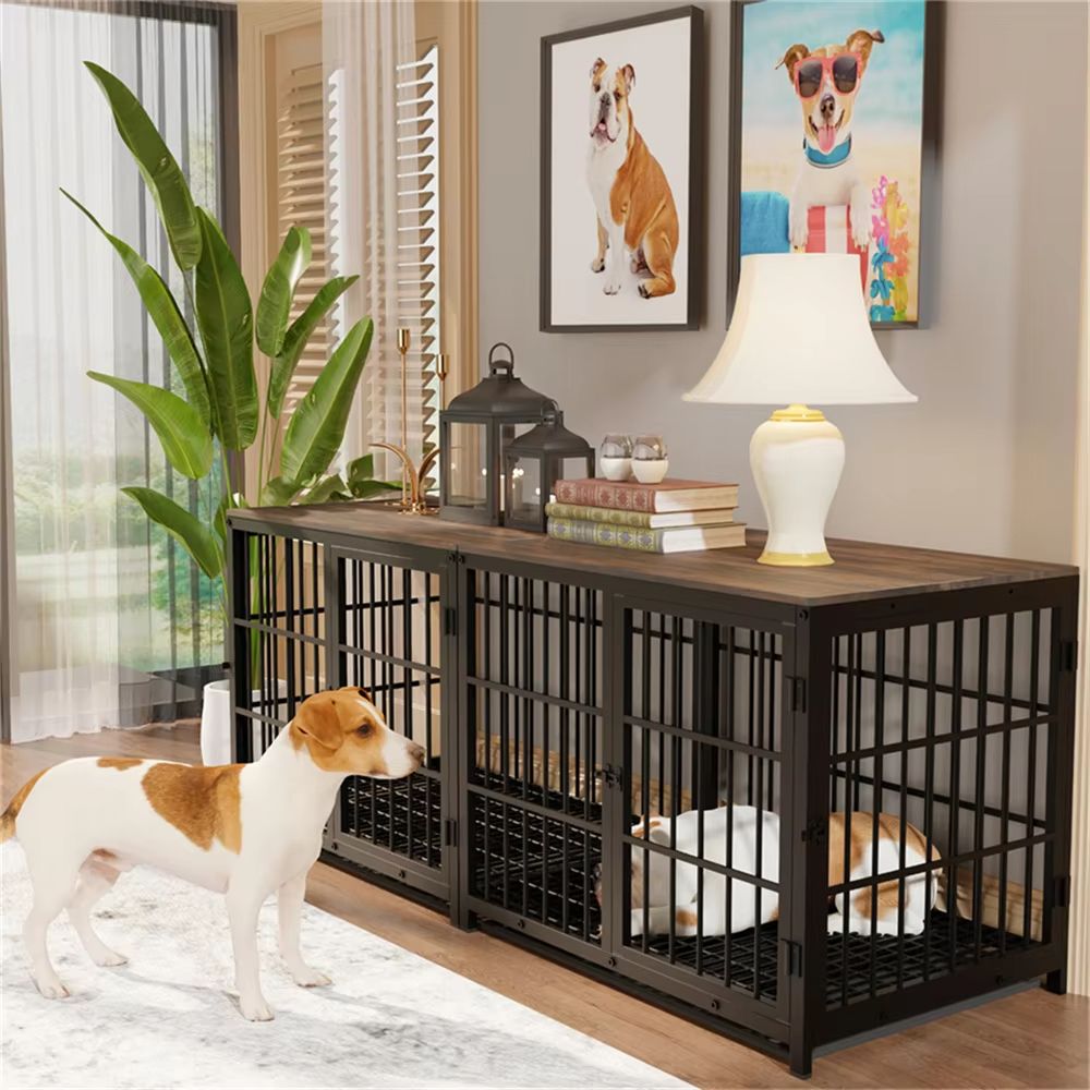 Large Wooden Dog Crate Furniture Style Indoor Pet Kennel With Removable Tray TripleDoor Design 1