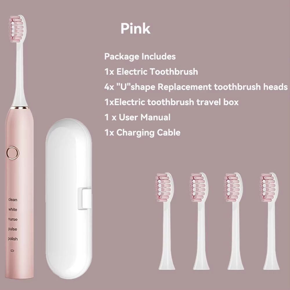 Rechargeable Sonic Electric Toothbrush 5 Modes 3 Intensity Levels 4 Replacement Brush Heads With 9