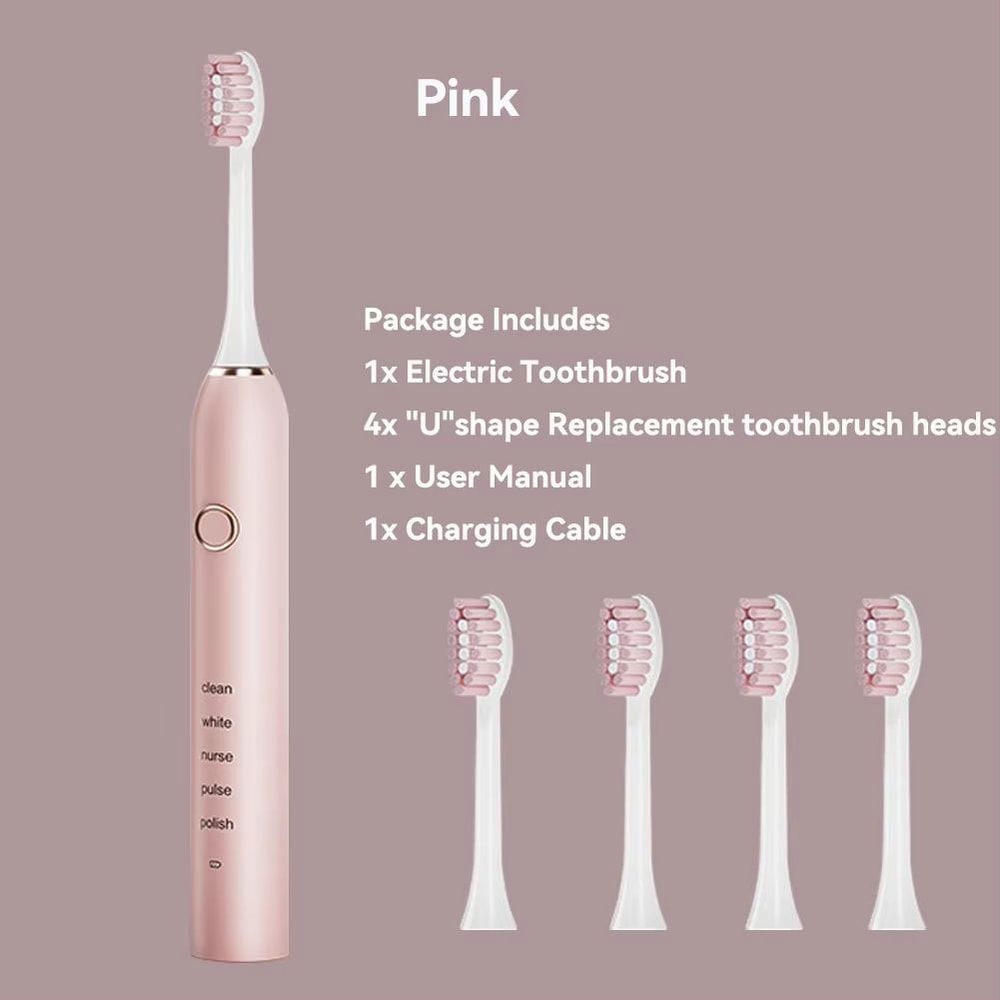 Rechargeable Sonic Electric Toothbrush 5 Modes 3 Intensity Levels 4 Replacement Brush Heads With 11