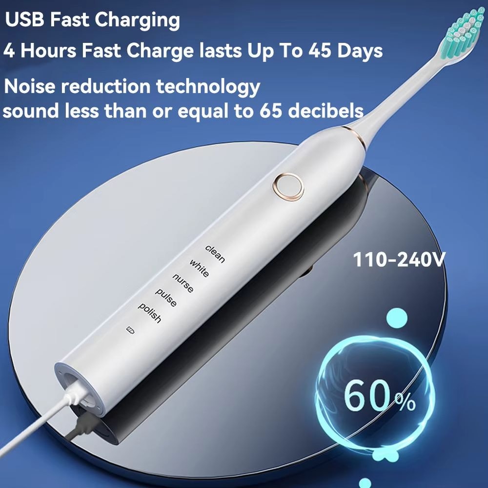 Rechargeable Sonic Electric Toothbrush 5 Modes 3 Intensity Levels 4 Replacement Brush Heads With 5