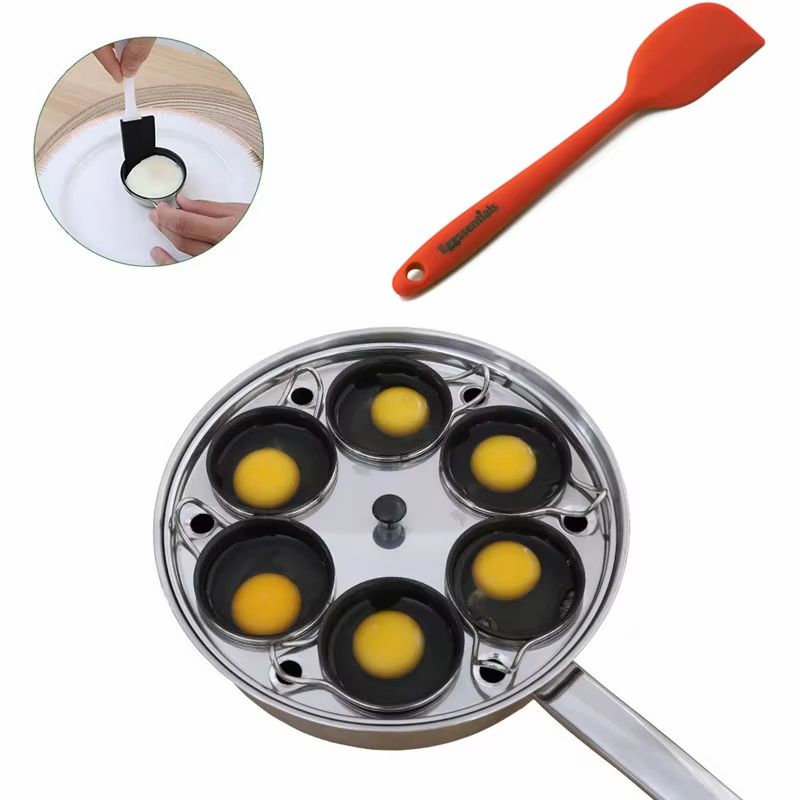 Stainless Steel Egg Poacher Pan  6Cup Nonstick Poached Egg Maker With Silicone Cups  Spatula 0