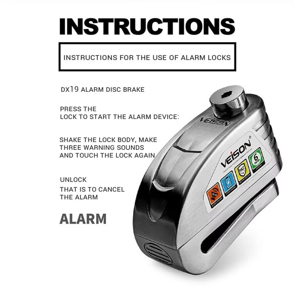 VEISON Motorcycle Alarm Disc Lock  Waterproof AntiTheft Brake Rotor Padlock With 130dB Warning Sire 2