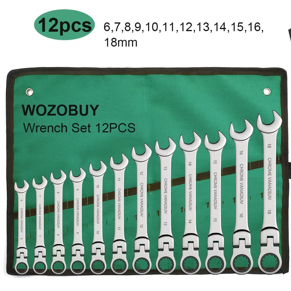 Flexible Head Ratcheting Wrench Set 822mm Metric Combination Spanner Kit With Carry Bag 12