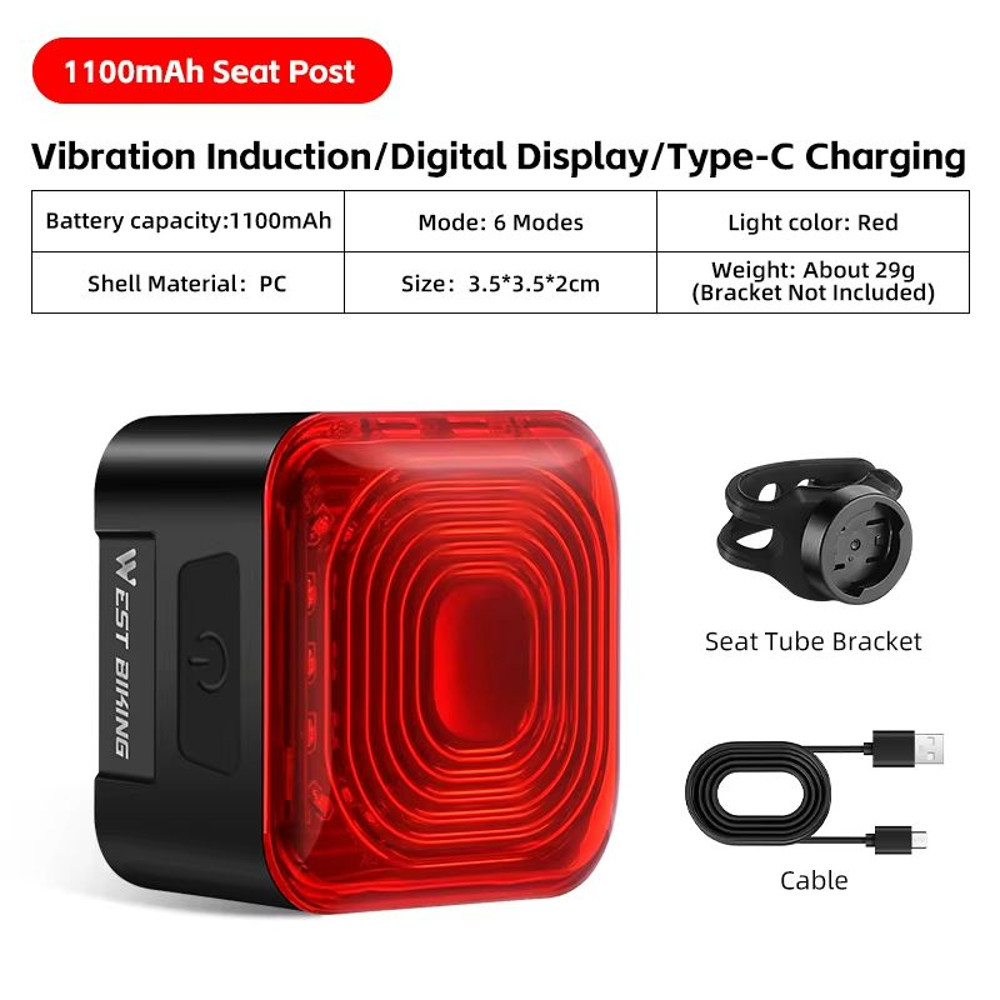 WEST BIKING Smart Bike Tail Light  Brake Sensing Rear Light With Digital Power Display  Auto OnOff 9